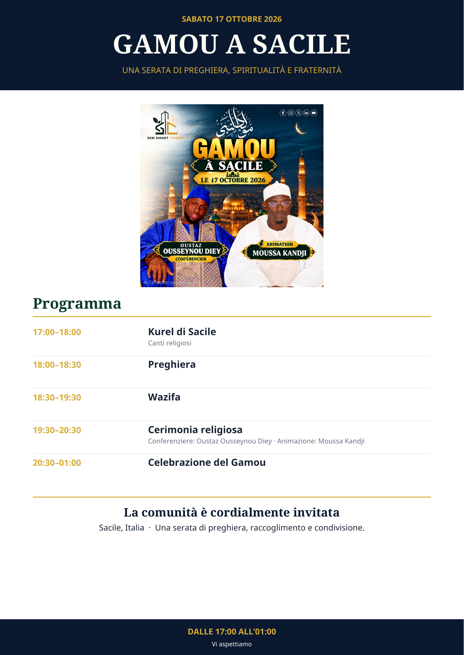 Locandina del Gamou a Sacile del 17 ottobre 2026, con Oustaz Ousseynou Diey come conferenziere e Moussa Kandji all’animazione.